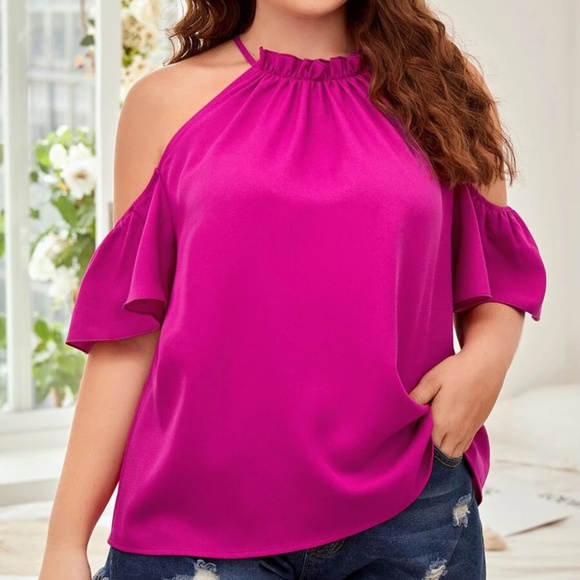BellanBlue Tops - Plus Cold Shoulder Ruffle Blouse
